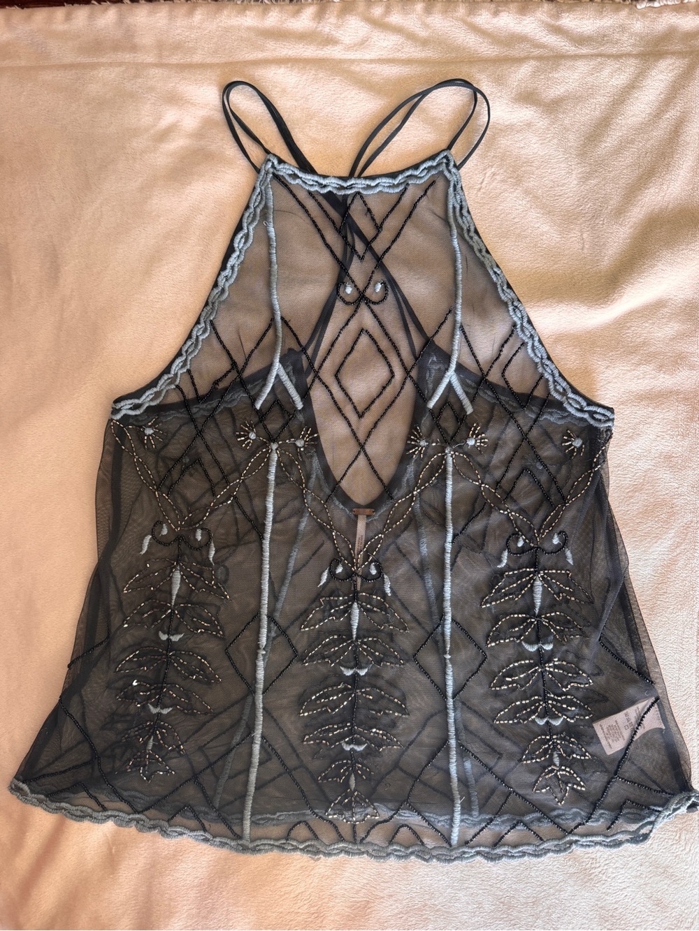 Free People Black Sheer Embroidered Halter Camisole with Silver Trim